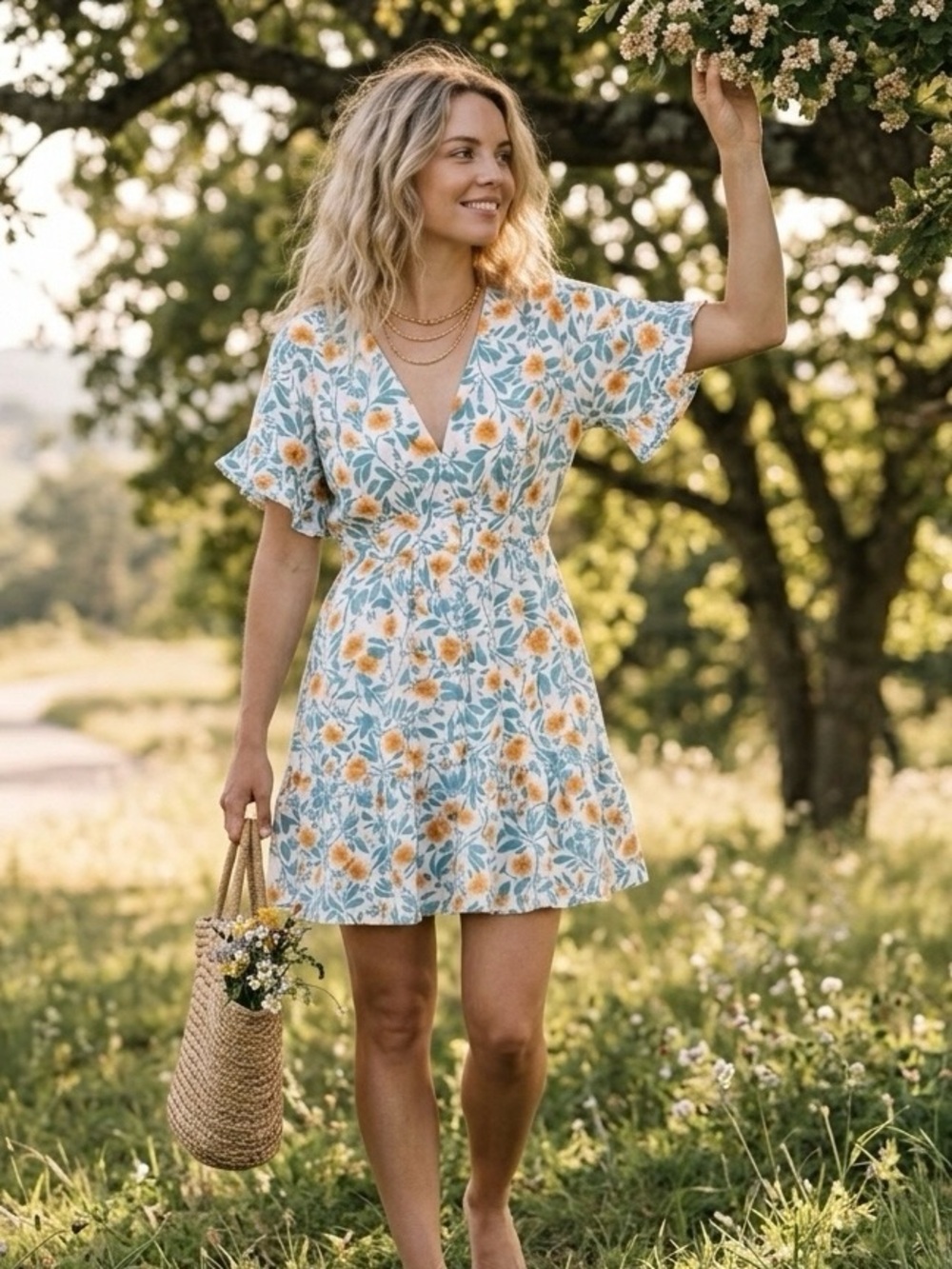 MINKPINK Floral V-Neck Mini Dress in Blue & Yellow